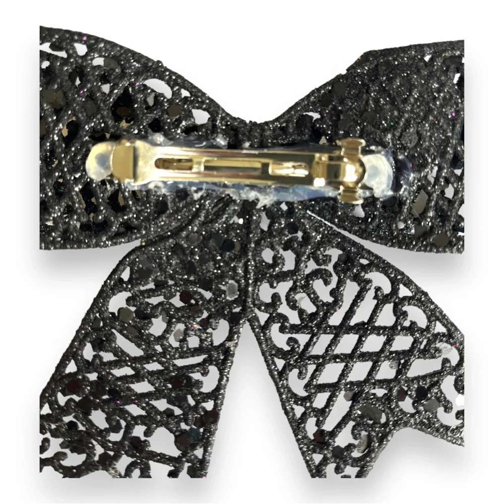 Spooky Halloween Hair Bow Barrette Black Glitter and Skeleton Skull Hair Clip